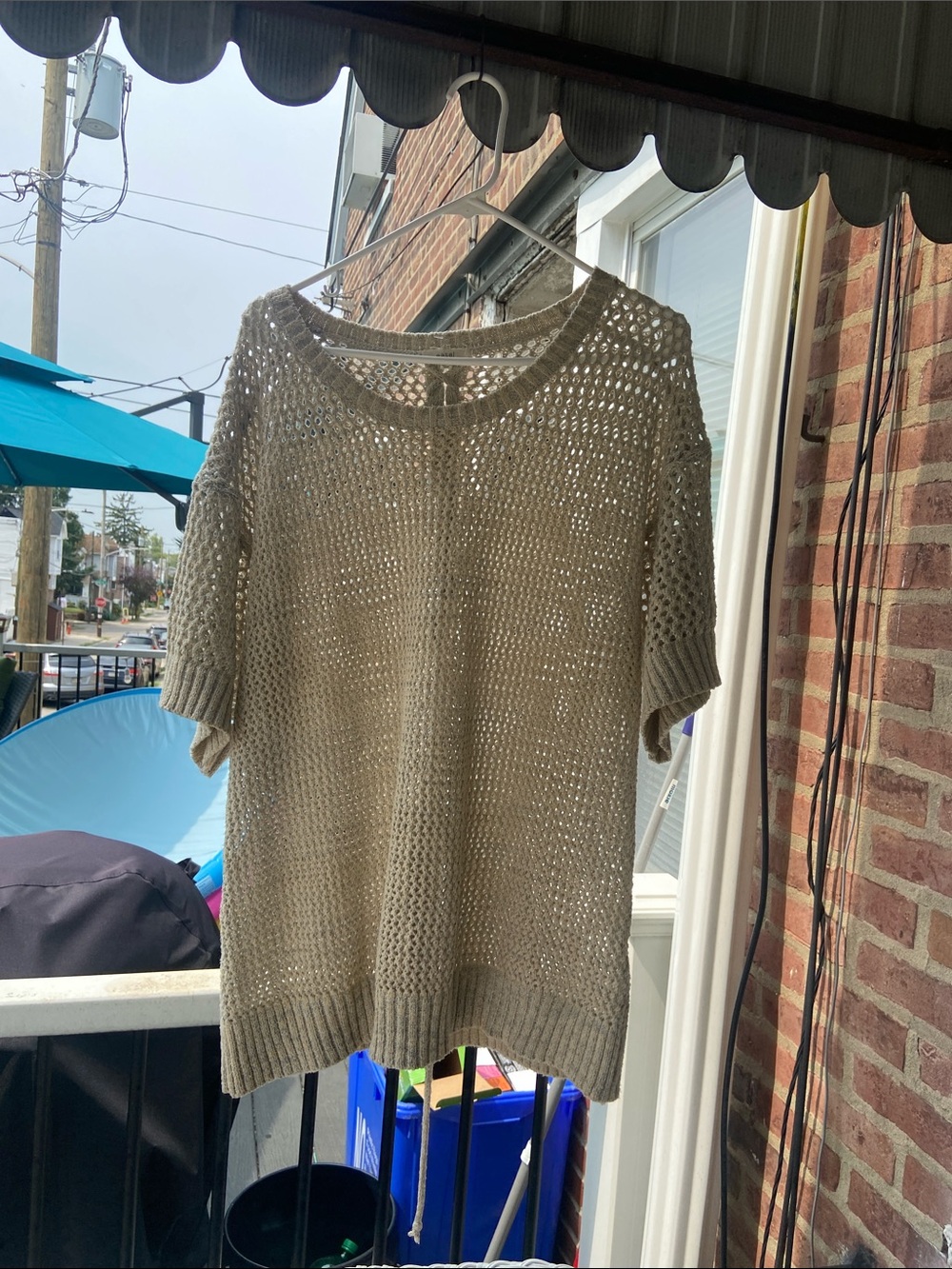 easel Open-Weave Short Sleeve Sweater in Taupe